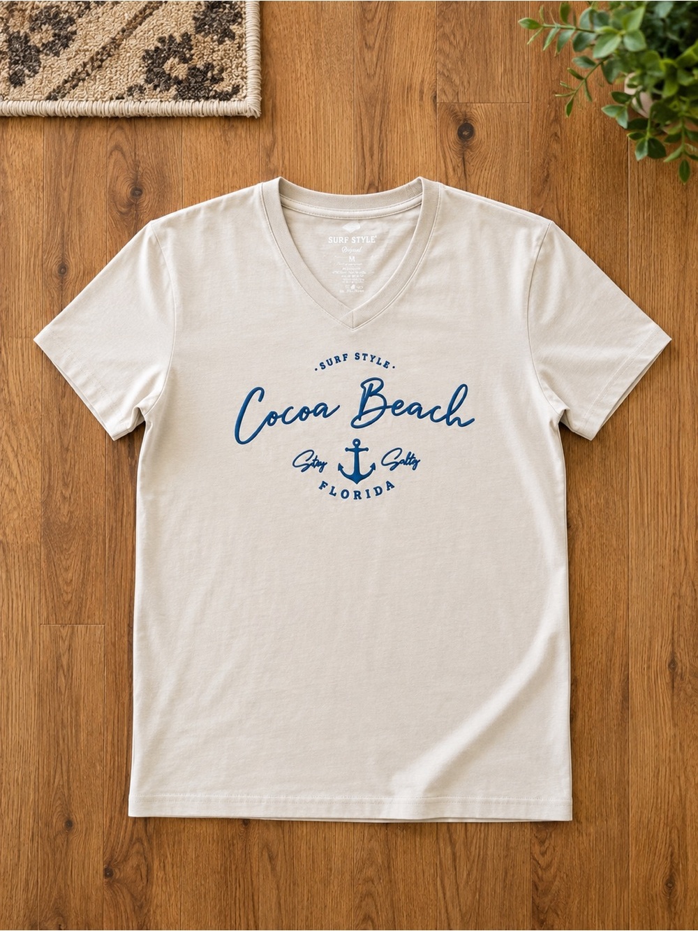 surf style Cocoa Beach V-Neck Tee - Cream with Blue Graphic